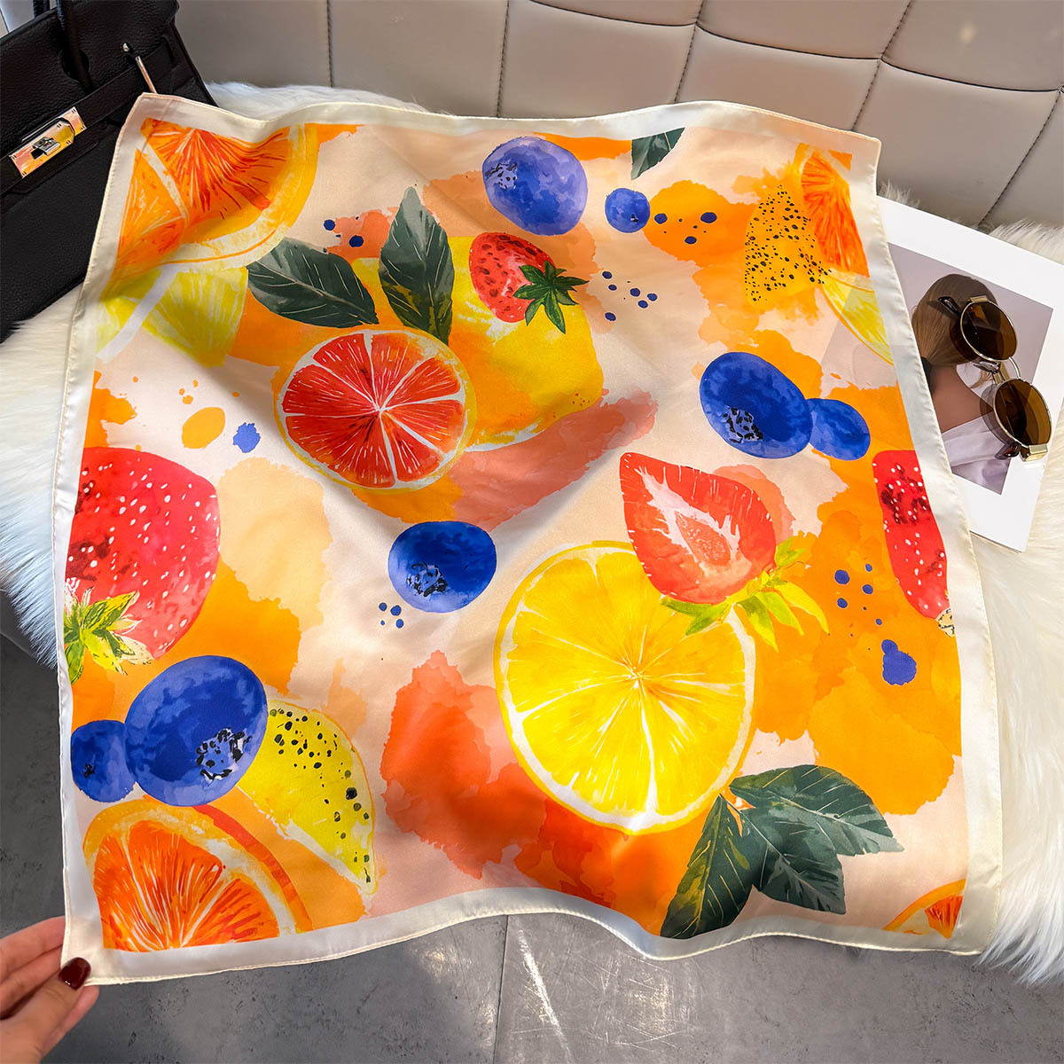 Silk Neck Scarf - Fashion Lemon Fruit Pattern Square Silk