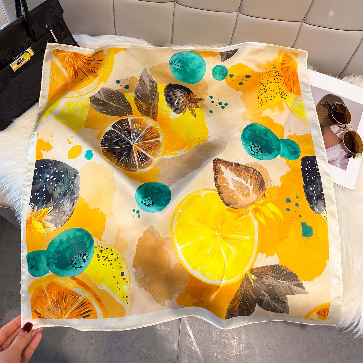 Fashion Lemon Fruit Pattern Sq - đánh giá và giá Silk Neck Scarf